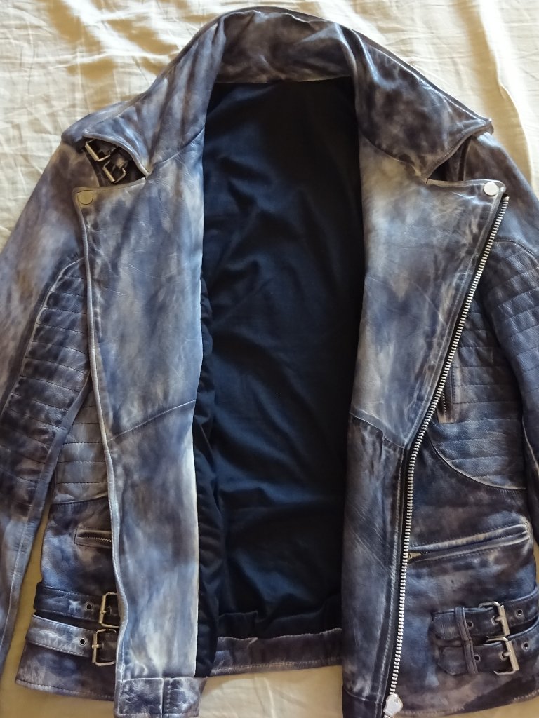 100% Italian Leather Jacket - Sz Large - Blue